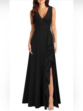 MUSHARE Women's V Neck Sexy Split Cocktail Dress with Pockets Ruffle Party Long